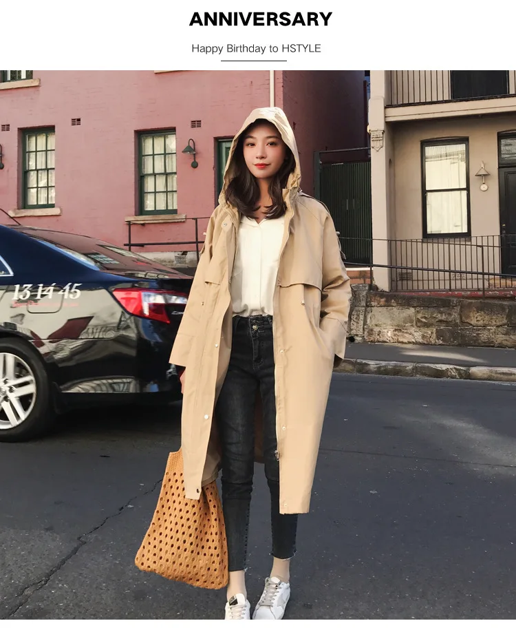Для фотосессии,, стиль, для студентов, BF Harajuku, свободный, с капюшоном, средней длины, выше колена, Тренч