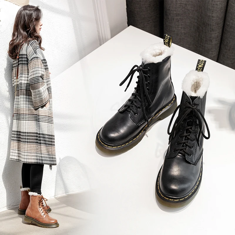 Goedkoop Echt Leer Martin Laarzen Vrouwen Winter Warm Bont Platform Dr Motorfiets Schoenen Vrouwen Pluche Enkellaarsjes Vrouwelijke Punk Bootts