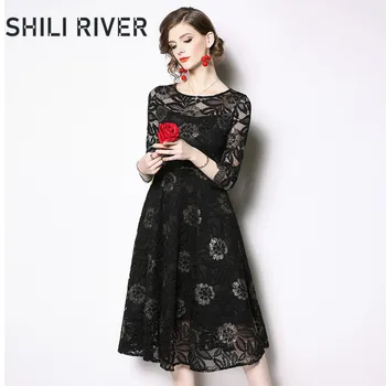 

New spring autumn lace midi dress for women a line long sleeve slim casual elegant cute floral pleated dress vintage red black