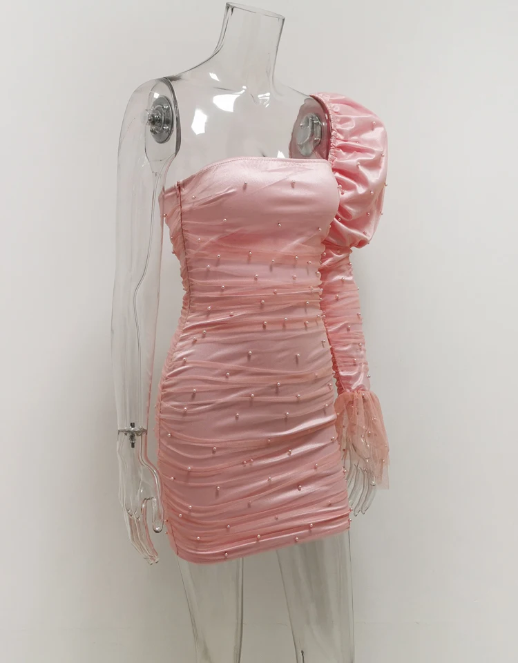 Karlofea/женское элегантное великолепное платье принцессы; изящное облегающее мини-платье с жемчужинами; Шикарные Вечерние наряды с одним рукавом; Vestido; Сетчатое платье с рюшами