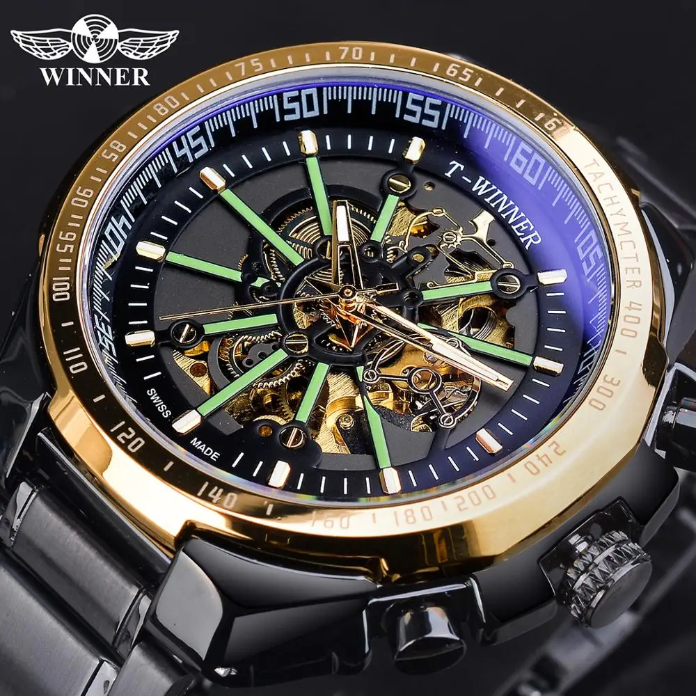 Часы Winner Blue Light glass автоматические черные золотые мужские из нержавеющей стали