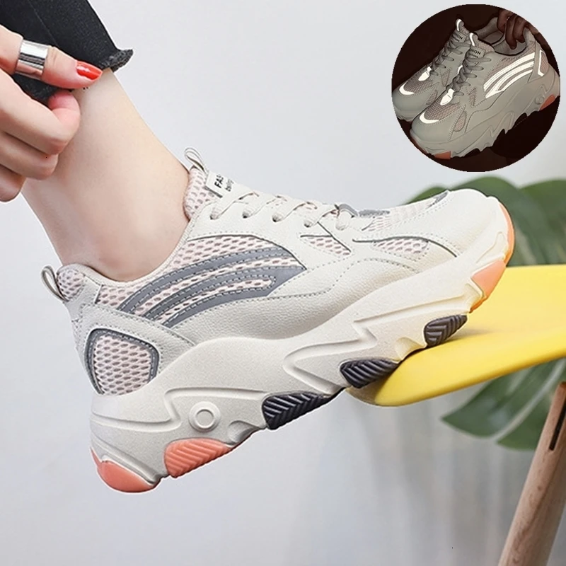 

Women Chunky Sneakers Fashion Reflective 5cm Increase Dad Shoes Breathable Mesh Ladies Platform Vulcanized Shoes Sneakers Flats