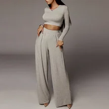 

2021 New Solid Red Elegant Two Piece Set Women's Slim Crop Top and Pants Loose High Waist Palazzo Pants Casual Suits Street Sets