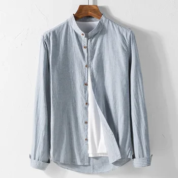 

2020 new man spring fresh and breathable linen shirt collar youth leisure cultivate one's morality, cotton and linen shirt