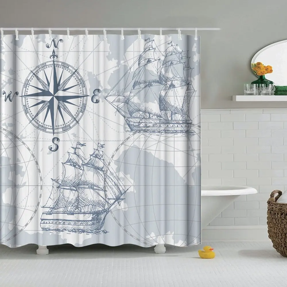 Nautical Great Waves Hand Drawn Bathroom Fabric Shower Curtain & 12 Hooks 71*71" 
