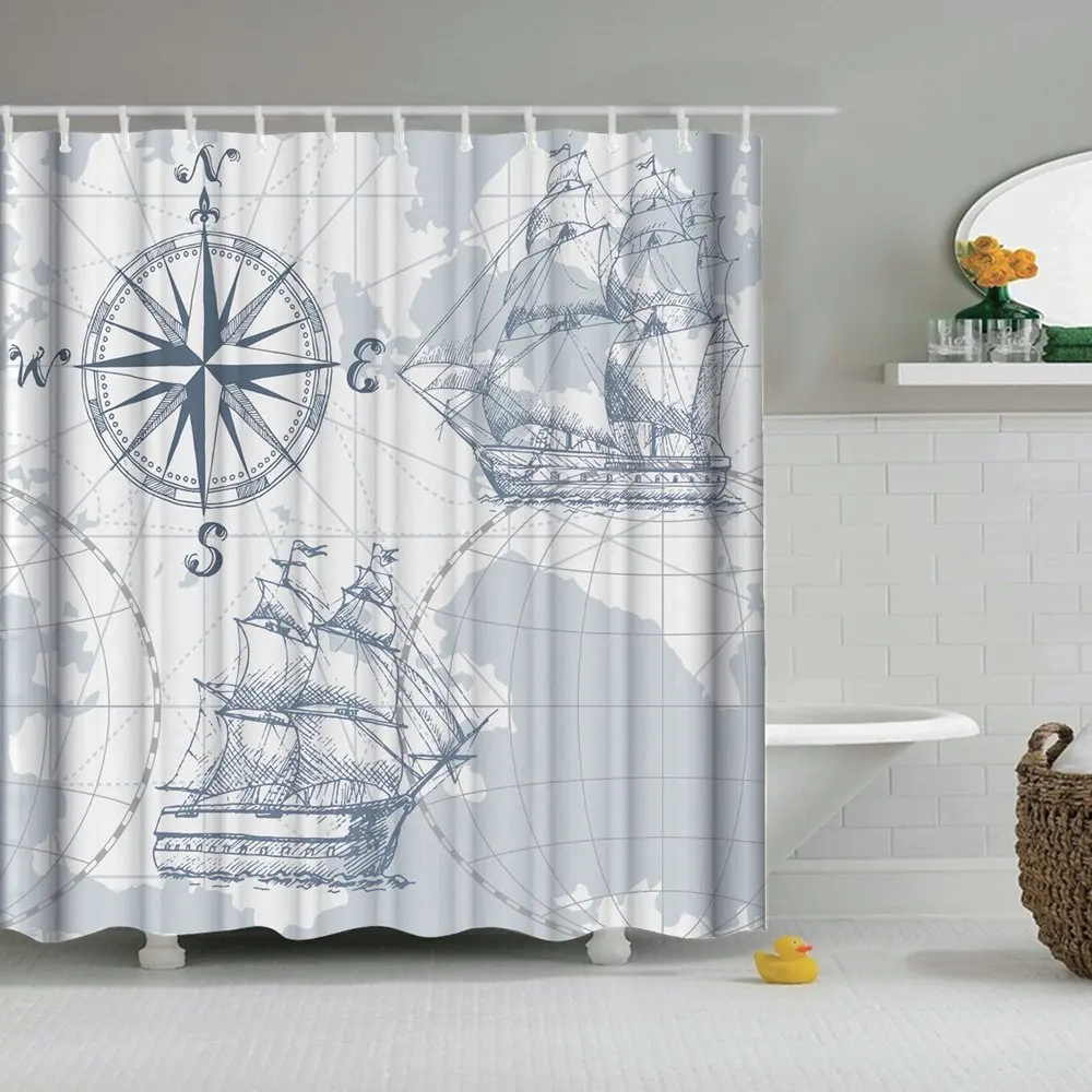 Dafield Nautical Shower Curtain Sail Old Boat Sketch Ship Wheel Compass