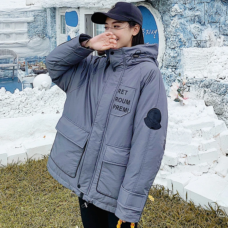 

New Fashion Space Cotton Padded Coat Women Winter Hooded Letter Print Warm Jacket Ladies Leisure Thicken Pockets Manteau Femme
