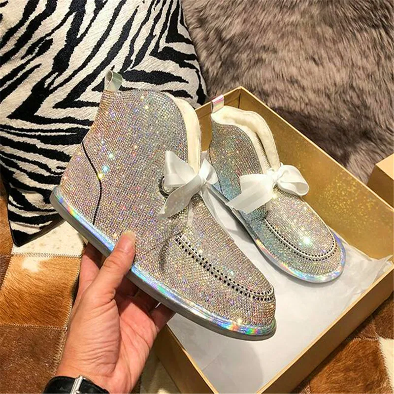 Шикарное платье с украшением в виде кристаллов зимние ботинки Rhinestone Riband Bowtied