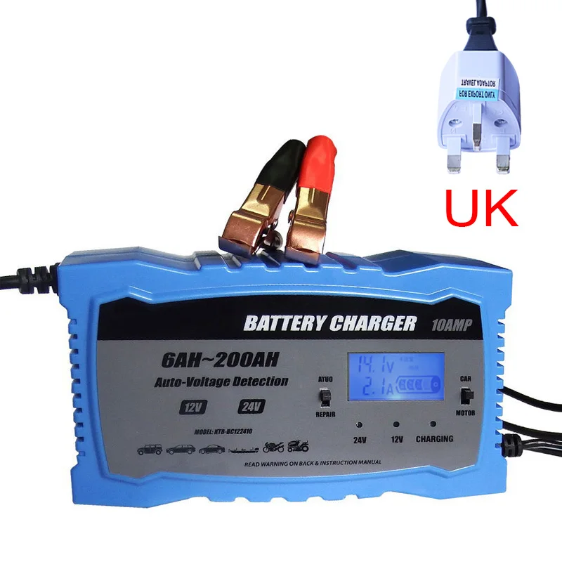 12 V 24V ЖК-дисплей смарт-адаптер для быстрого автомобильного Батарея Зарядное устройство для авто свинцово-кислотная аккумуляторная коллоидная батарея интеллигентая(ый) зарядки 12 вольт 10 ампер - Цвет: UK