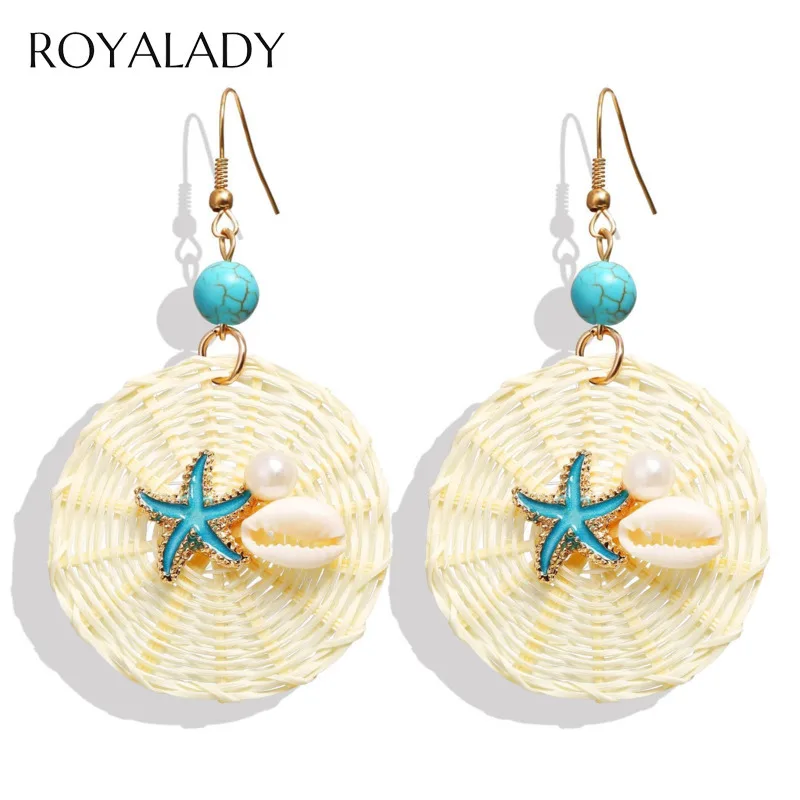 

Bohemia Starfish Shell Rattan Straw Drop Earrings For Women Summer Beach Shell Pearl Pendant 2019 Women Earring Brincos Jewelry