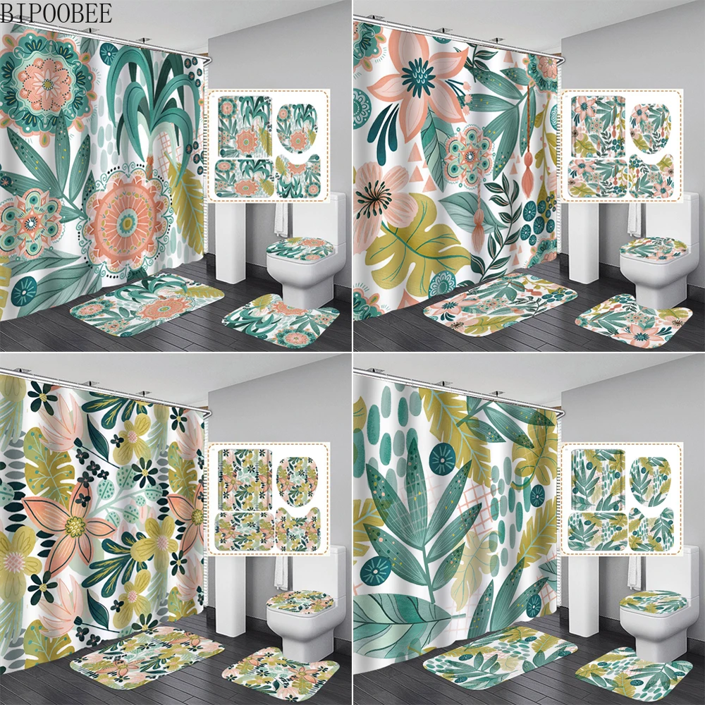 

Green Plants Bathroom Curtains Set Leaves Flowers Bath Rugs Mats Toilet Cover Branches Pattern Fabric Shower Curtain with Hooks