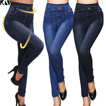 

Plus Size Women Fashion Classic High Waist Slim Leggings Imitation Jean Skinny Jeggings Seamless Skinny Workout Pants Hot Sale