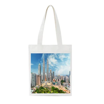 

SCCFMM Petronas Twin Towers Print ECO Tote Bag Reusable Fashion Women Handbag Shoulder Pouch Foldable Cotton Canvas Shopping Bag