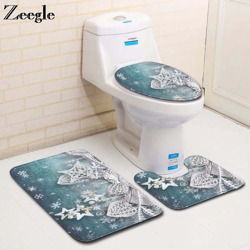 Zeegle 3pcs Christmas Bath Mat Set Non-slip Toilet Cover Seat Mat Soft Absorbent Toilet Pedestal Rug Bathroom Doormat Shower Mat
