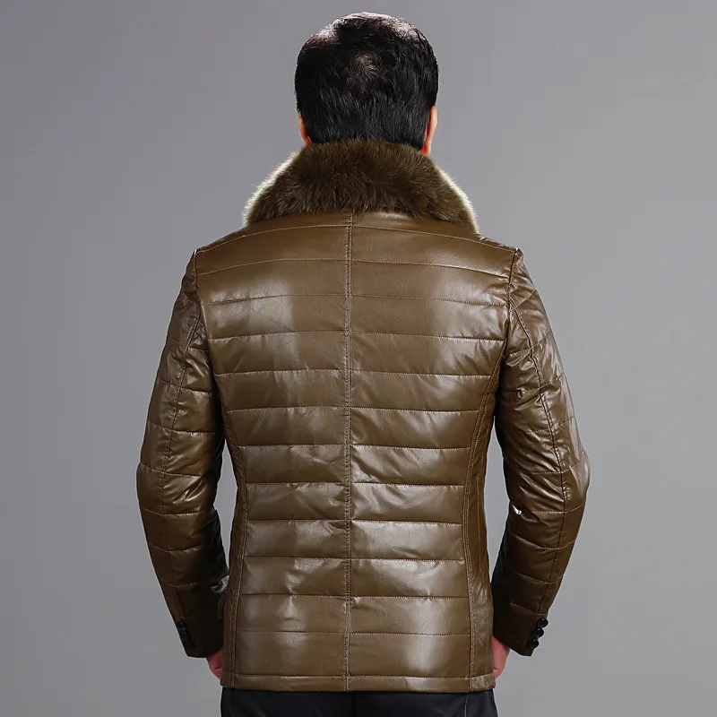 Winter Middle-aged MEN'S Leather Coat Sheep Leather down Jacket Men's Thick Slim Fit Fox Fur Collar MEN'S Coat