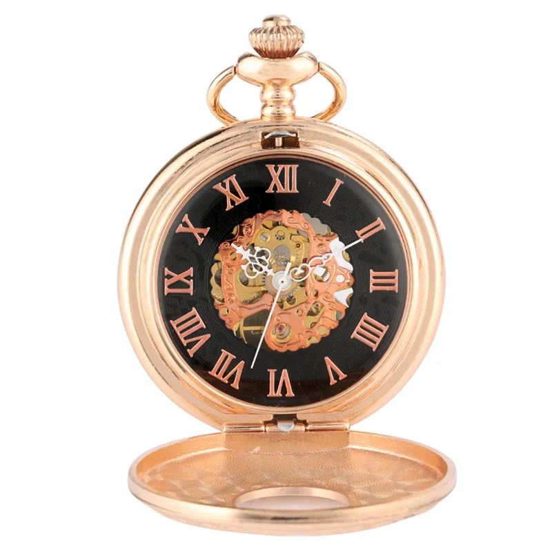Vintage Hollow Roman Numbers Skeleton Mechanical Hand-Wind Pocket Watch with Pendant Chain Men Women Gift Rose Gold Clock Reloj