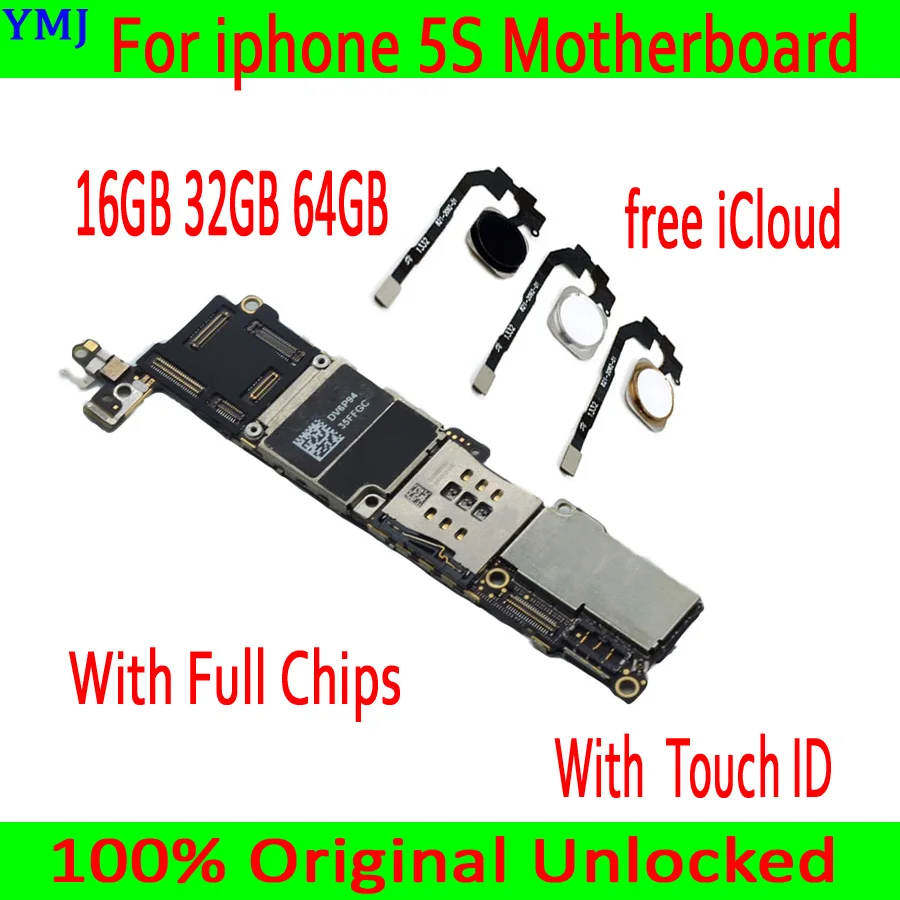 Online 16GB 32G 64G Free iCloud for iphone 5S Motherboard,100% Original unlocked for iphone 5S Mainboard with Touch ID without Touch ID