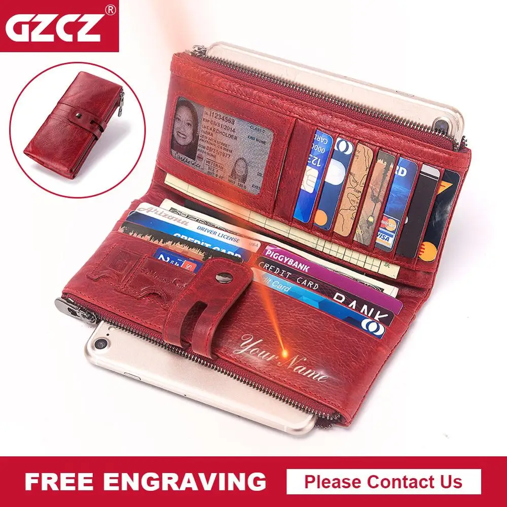 Цена GZCZ, новинка, Женский кошелек из натуральной кожи, длинный, на молнии, Дамский удобный кошелек, карман для сотового телефона, зажим для денег, ...