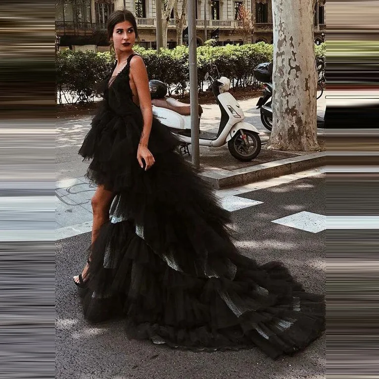 Vestido de gala, черные длинные платья для выпускного вечера,, высокая низкая линия, многослойное Тюлевое платье с v-образным вырезом на тонких бретелях, низкая спина, вечерние платья