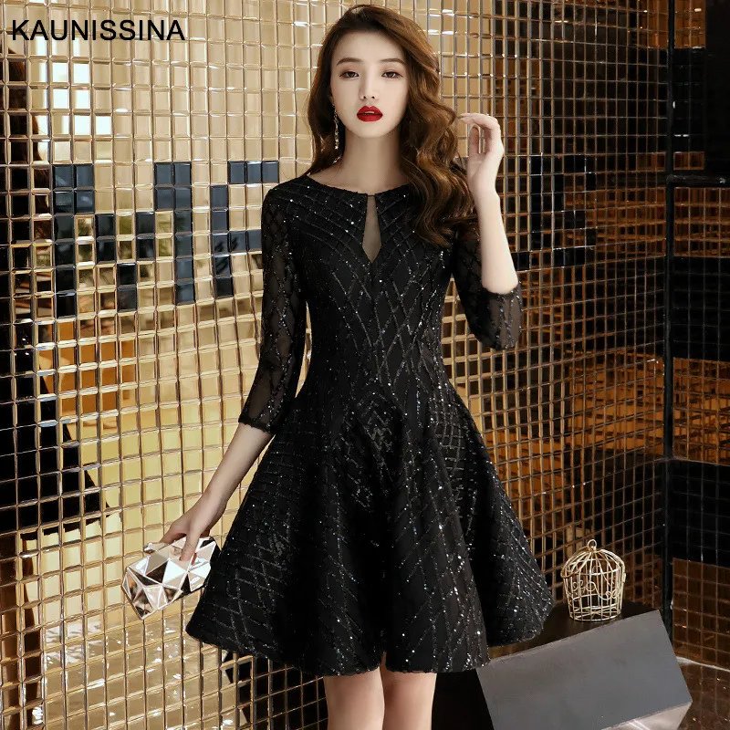 KAUNISSINA A-Line Cocktail Dress Sequins Black Party Gown 3/4 Sleeve Short Banquet Party Prom Dresses Homecoming Robes - Цвет: Черный