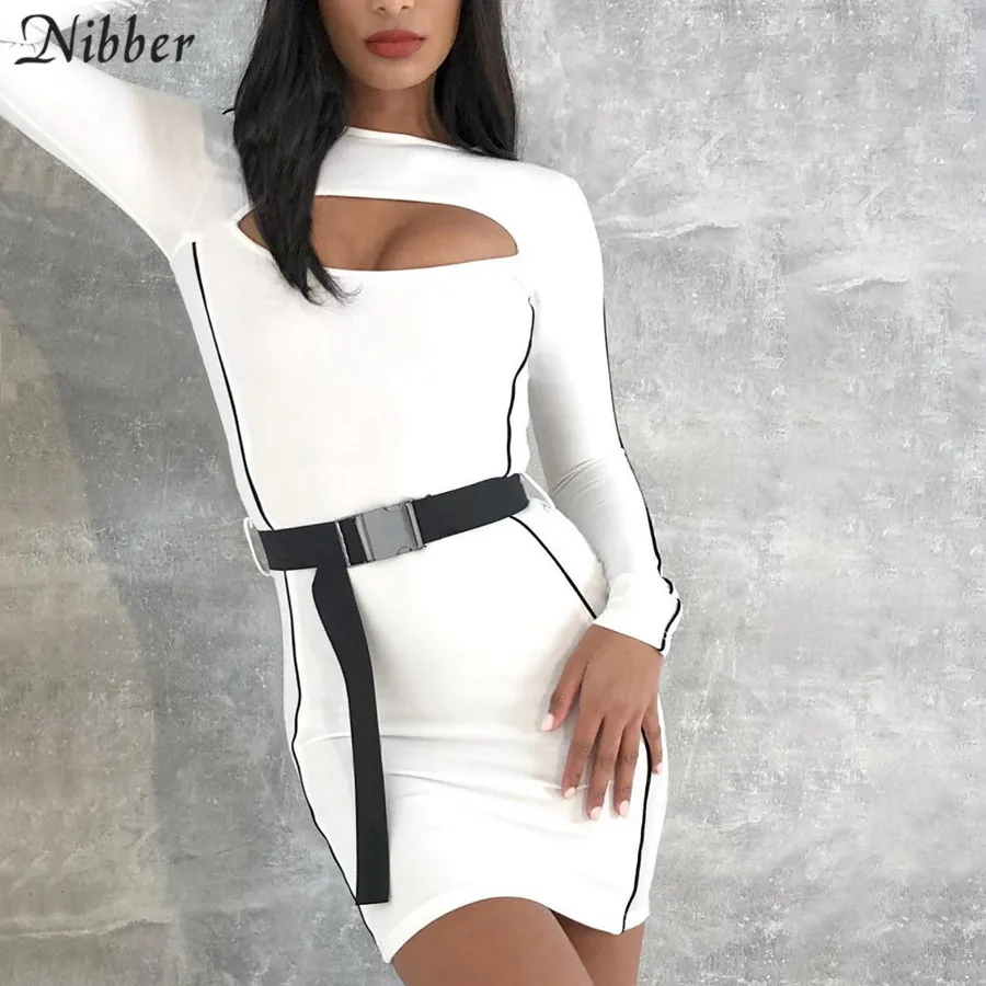 Nibber/осеннее Новое лоскутное платье для отдыха с полым поясом, черное, белое, чистое облегающее мини-платье, эластичное платье для активного отдыха, Mujer