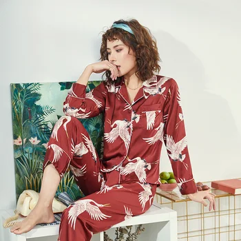 

Women Pajamas Set Comfort Satin Elegant Crowned Crane Printed Sleepwear Homewear Leisure Wear christmas clothes silk pajamas