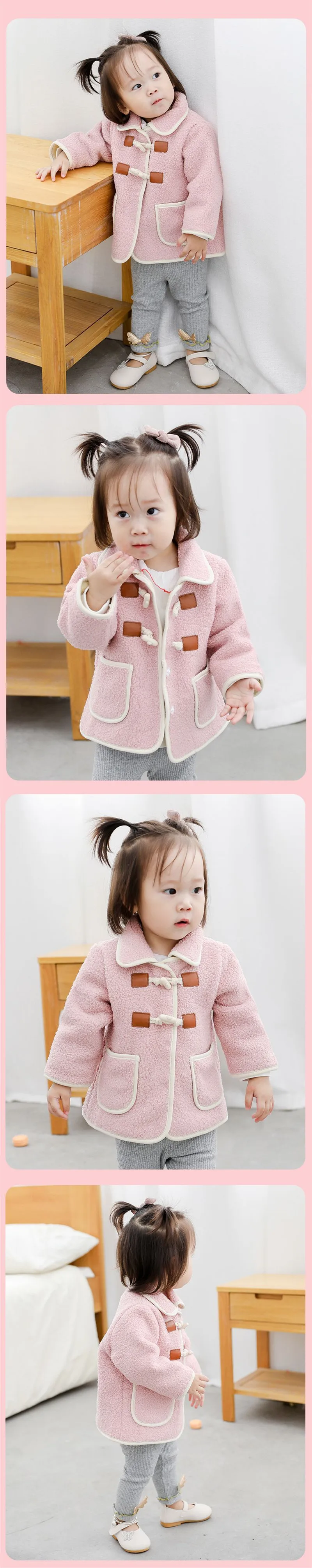 Fashion Toddler Lamb Cashmere Coat Winter Korean Kids Soild Horn Buckle Thicken Outwear New Baby Warm Jacket Little Girl Clothes