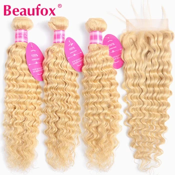 

Beaufox Malaysian Deep Wave Bundles With Closure 613 Blonde Human Hair 3 Bundles With Closure Remy 613 Hair Extension
