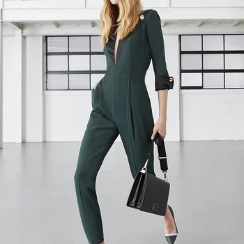 

Runway Summer New Style Sexy V-Neck Sleeves Contrast Color Elegant Temperament Occupation Pocket Jumpsuit Women'S Clothing
