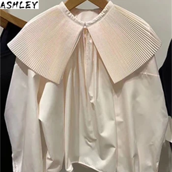 

Peter Neploe Pleated Pan Collar Blouse Women Spring 2020 Solid Korean Long Sleeve Blusa Shirts Fashion Casual Female Tops