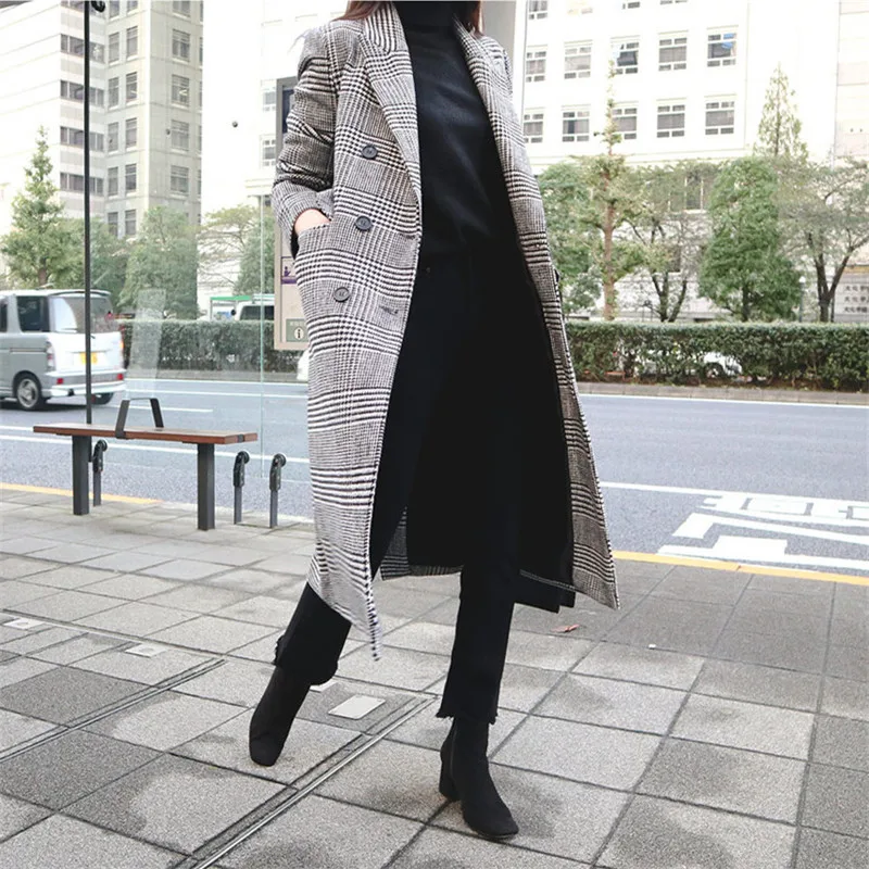 Весна Осень женское клетчатое пальто новая мода длинное шерстяное пальто двубортное приталенное Женское зимнее пальто женская верхняя одежда WJ114