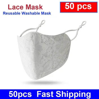 

50pcs Ladies Embroidery Lace Face Mask Washable Mask Black White Adjustable Breathable Pink Masque 24 Hours Shipping