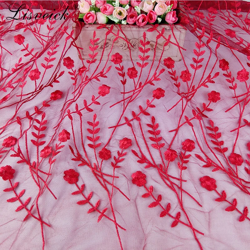 1yard red polyester embroidery branches flowers mesh tulle lace fabric diy dress skirt clothing materials | Дом и сад