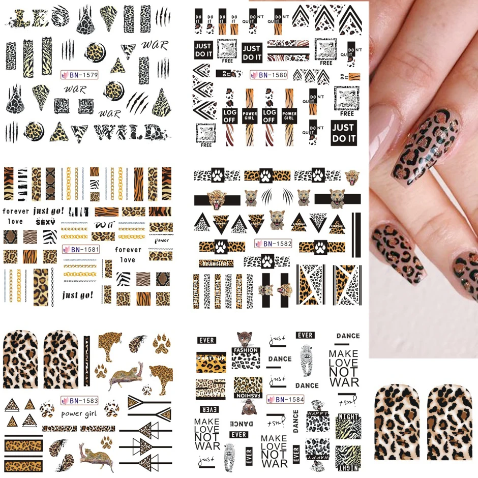 12pcs Leopard Sexy Animals Stickers for Nails Letter Designs Water Tattoo Foil Nail Art Decals Gel Polish Slider GLBN1573-1584-1