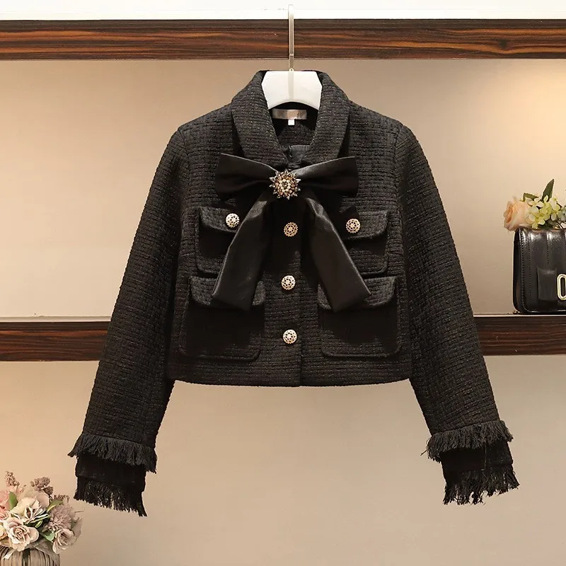 

2020 New Women Short Jacket Mini Skirt Two Piece Set Crystal Bow Tie Tassels Outfits Slim Fit Office Ladies Suits Plus Size Sets