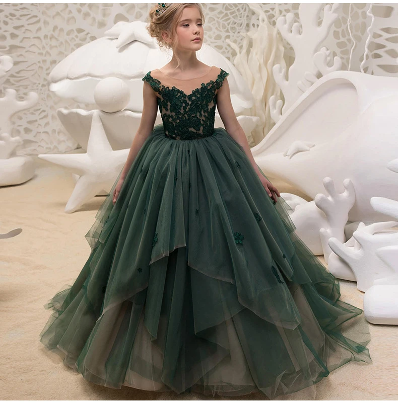 Зеленое бальное платье; нарядные платья для малышей; элегантные Детские вечерние платья принцессы длиной до пола; роскошное детское платье для выпускного вечера с кружевной аппликацией