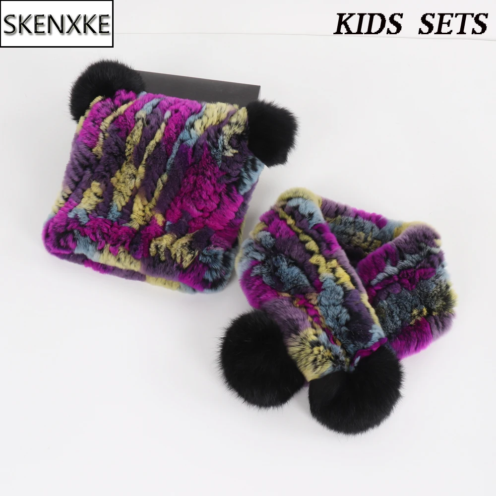 Winter Children Real Rex Rabbit Fur Scarf Hat Sets Knit Warm Child Natural Fur Scarves Hats Good Elastic Kid Real Caps