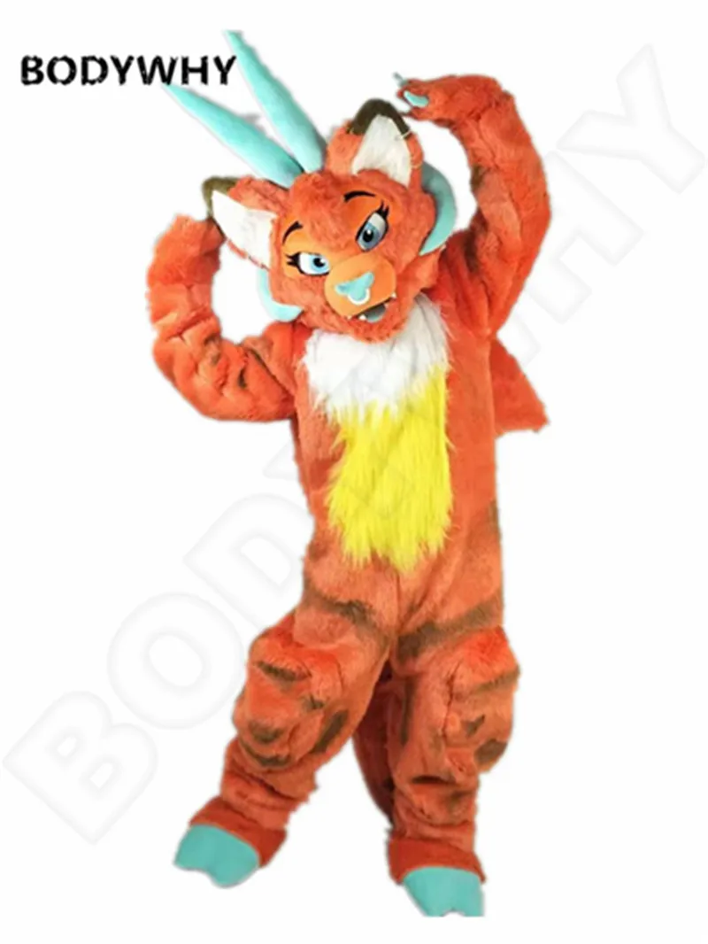 Роскошный длинный меховой вышивкой в виде дракона огнедышащий Фурсьют маскот