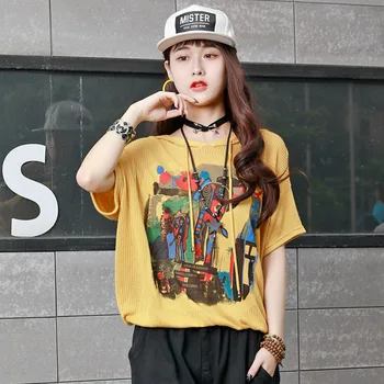 

2020 Women Summer New Style Loose Vintage Patten Printed Short Sleeved T Shirt Fashion Street Style Hooded Collar Tops Big Size