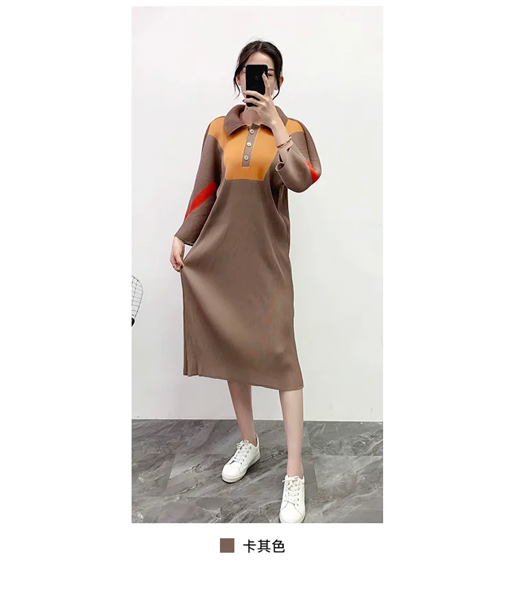 MIYAKE плиссированное платье с отворотом, цвет блока, зима, стиль, скрыть мясо, шоу, тонкое, большой размер, складки, женские платья