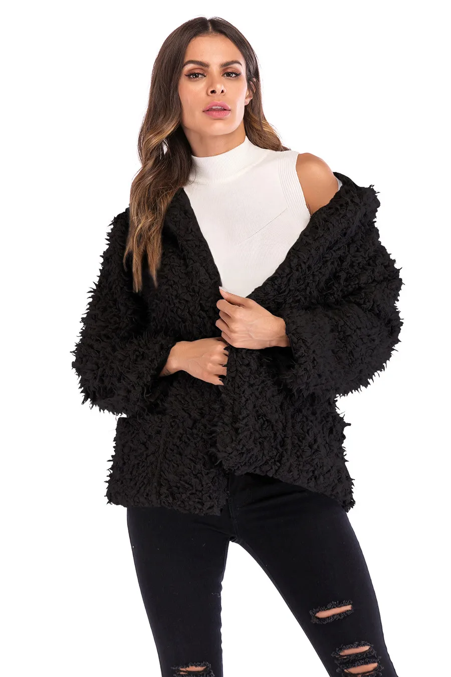 Casual Autumn Winter Teddy Coat Women Long Sleeve Pocket Loose Fluffy Jacket Warm Faux Fur Coat 2019 Short Hooded Overcoat  (19)