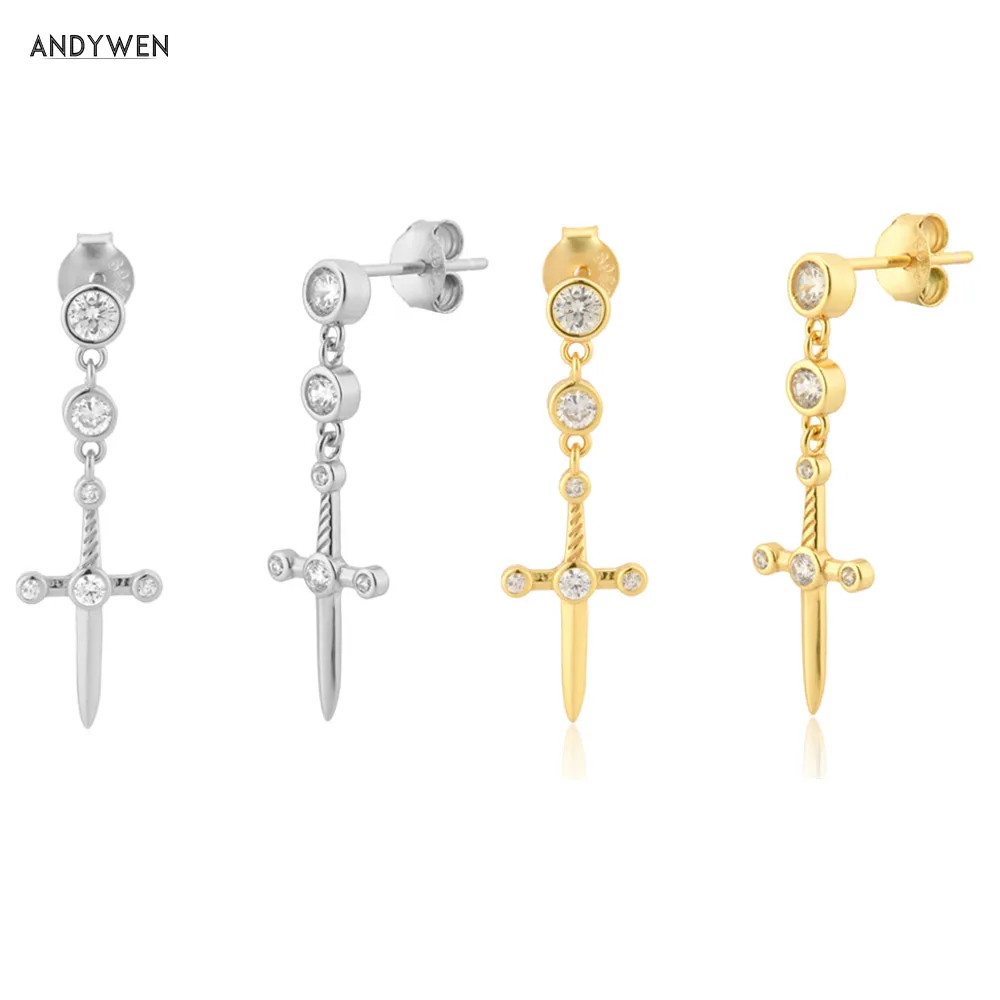 ANDYWEN 925 пробы Серебряный Золотой Меч Любовь Подвеска Серьги-капли простой