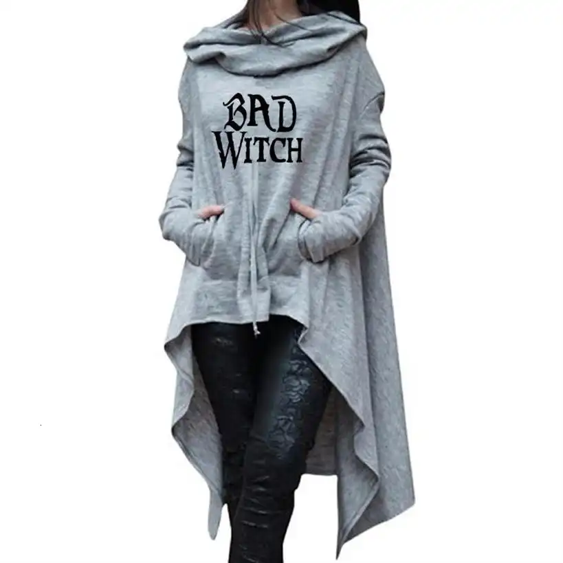 Длинные асимметричные толстовки с капюшоном и надписью Bad Witch на Хэллоуин женские