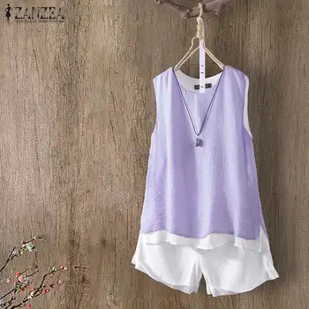 

2020 ZANZEA Vintage Sleeveless Vest Tops Women's Summer Blouse Casual Two Layer O Neck Work Blusas Female Solid Plus Size Tunic