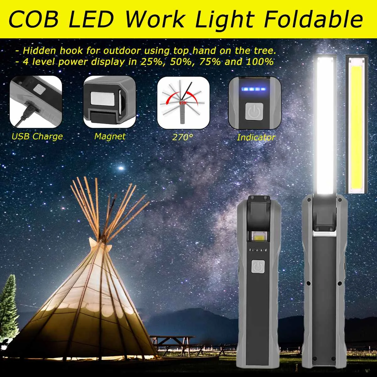 

2019 New Rechargeable COB LED Work Light Power Display Dimmable Flashlight Magnetic Inspection Lamp with Hook 2000mAh 18650