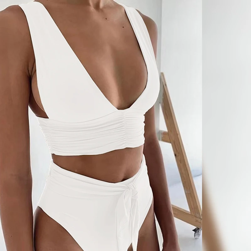 Глубокий купальные костюмы V-Neck для женщин, высокая талия, бикини, набор, Одноцветный купальный костюм модная летняя купальник с узлом, женский бикини, новинка