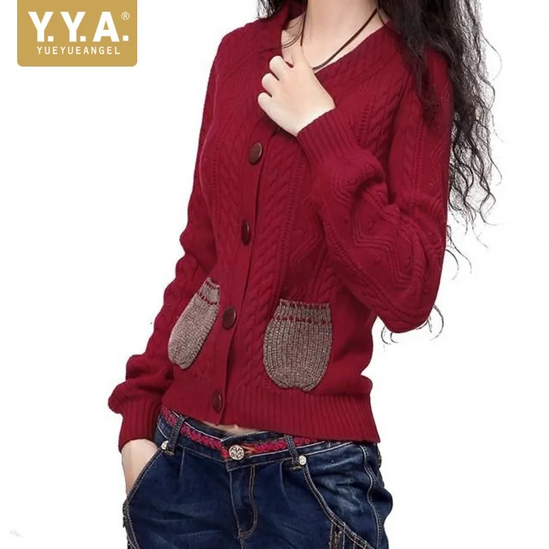 Womens Autumn Retro Nostalgic Cable Knit Turtle O-Neck Round Pockets Single Breasted Long Sleeve Woolen Cardigan Knitwear Jacket |