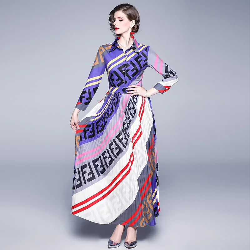 

Europe And America 2019 WOMEN'S Dress Fashion Waist Hugging Slim Fit Slimming Pleat Mixed Colors Printed Long Dress