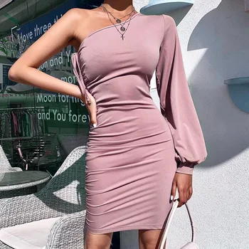 

Elegant Women Summer Dress Sexy Bodycon One-Shoulder Puff Sleeve Dress Irregular Bodycon Solid Mini Bandage Ruffles Dress Women
