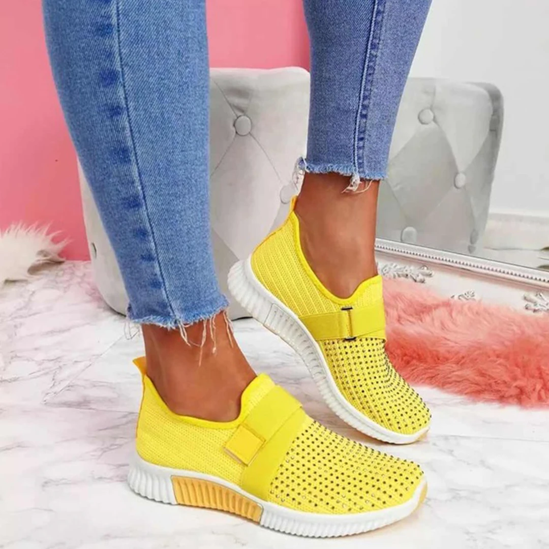 Fashion Women's Shoes Flat Soft Bottom Mesh Breathable Casual Sneakers Rhinestone Single Shoes Large Size Women Sports Shoes 